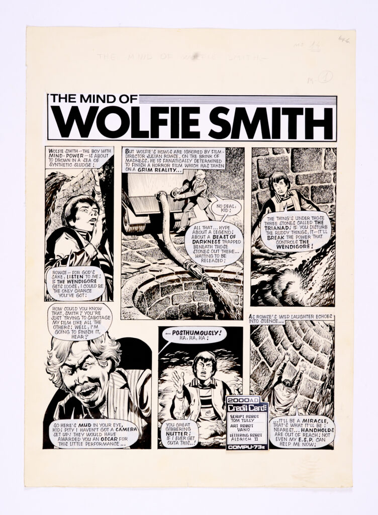"The Mind of Wolfie Smith" original artwork by Eduardo Vano (1979) for 2000 AD Prog 141 pg 22. Indian ink and black poster paint on card. 20 x 14 ins