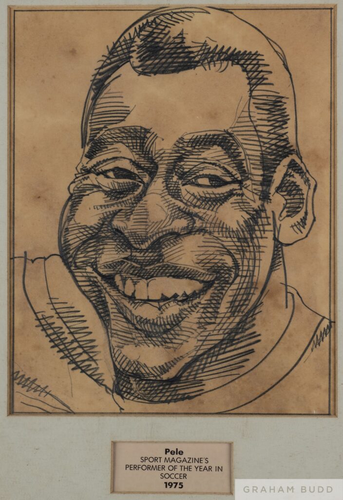 This framed 1975 drawing of Pelé, in honour of his being named Sport magazine’s Performer of the Year In soccer 1975, is one of many items in the auction relating to the legendary Brazilian footballer 