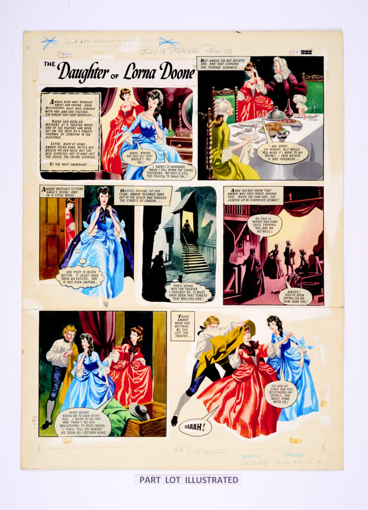 "The Daughter of Lorna Doone" commissioned for Princess in the 1960s, with art by Ron Embleton. Bright poster colours on board. 23 x 17 ins