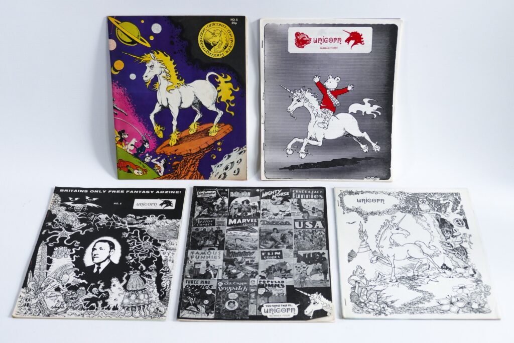 UNICORN #1 -5, a fantasy and comic book fanzines edited by Phil Clarke and Mike Higgs with beautiful covers. A complete set of early British fanzines.