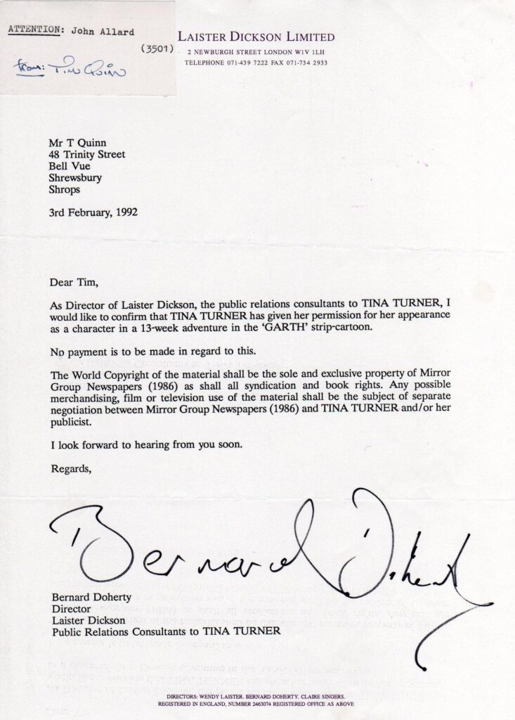 Tina Turner’s agent authorises her “Garth” appearance. Letter with thanks to Tim Quinn 