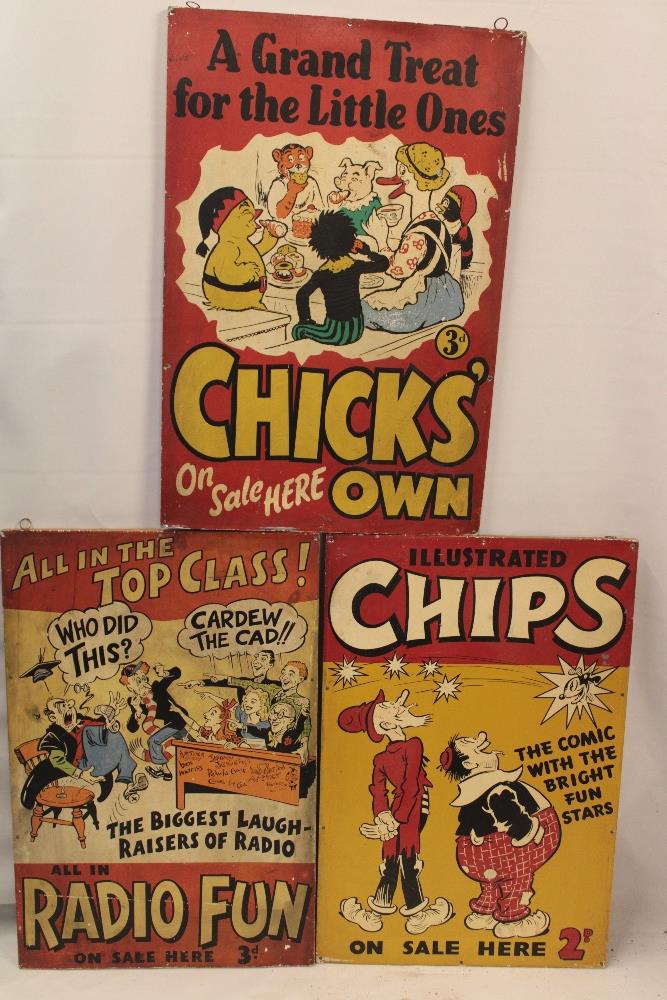 Promotional tinplate signs for Chicks' Own, Radio Fun and Illustrated Chips