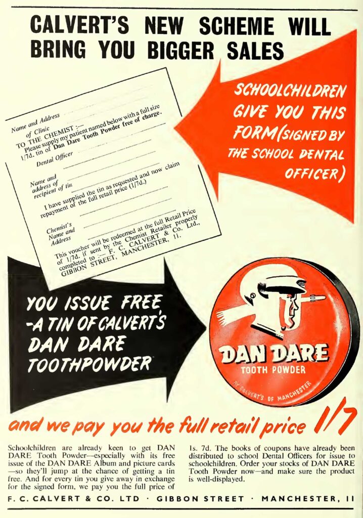 A trade advertisement for FC Calvert's Dan Dare Tooth Powder, from an issue of The Chemist and Druggist, published in January 1954. Via  The Internet Archive