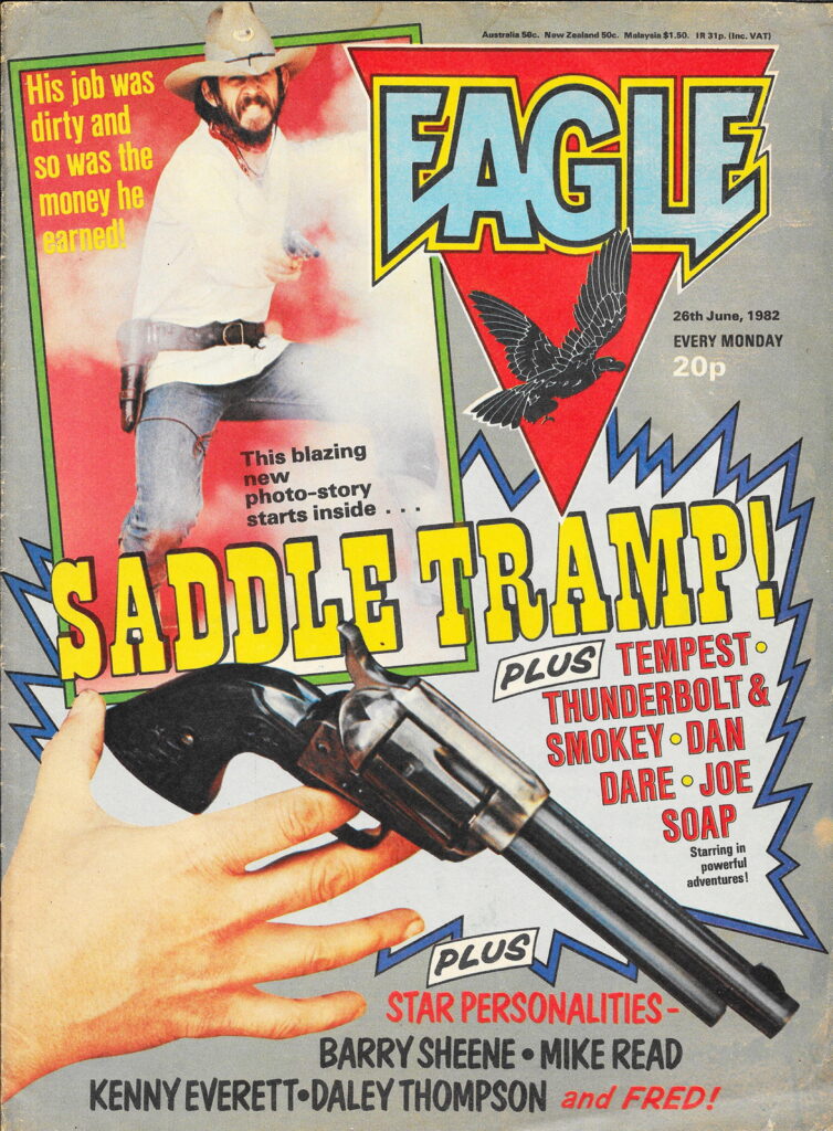 The western story, "Saddle Tramp" begins in Eagle, cover dated 26th June 1982, with a colour photo by Howard on the front cover