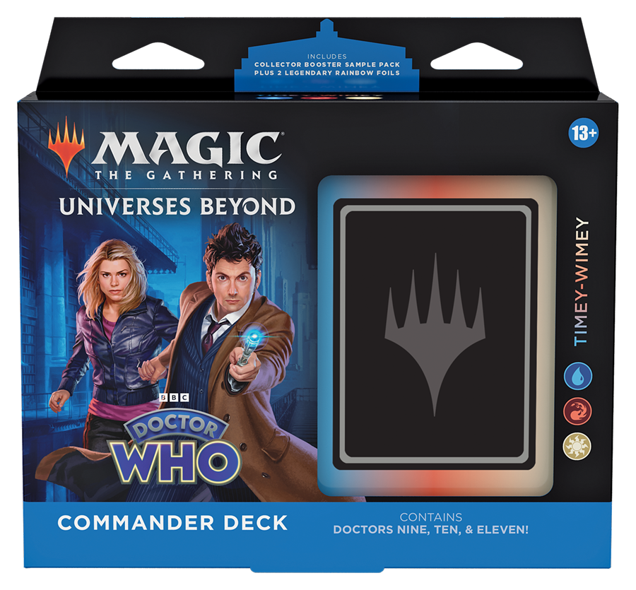 Timey Wiimey: Enjoy some fish fingers with custard with the Ninth, Tenth, and Eleventh Doctors and their companions in thrilling multiplayer games. Each ready-to-play 100-card Commander Deck includes 50 new cards with Doctor Who-themed art and mechanics
