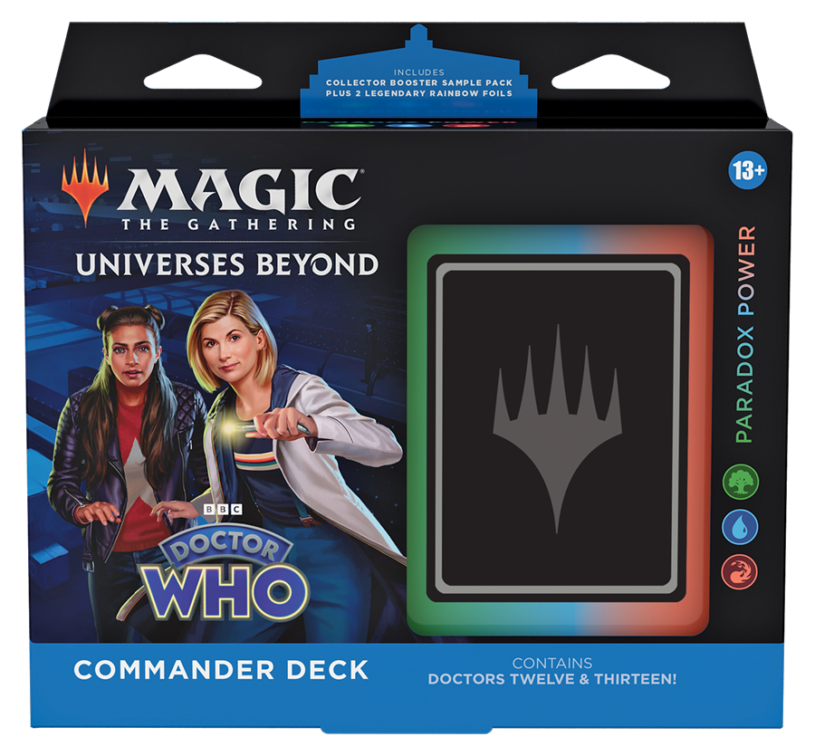 Paradox Power: Embrace the power of paradox with the Twelfth and Thirteenth Doctors. Each ready-to-play 100-card Doctor Who Commander Deck includes 50 new cards with Doctor Who-themed art and mechanics. With the Doctor and their companions at your side, you should expect the unexpected