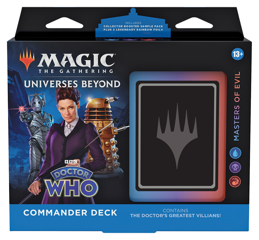 Masters of Evil: Battle as the baddies with this ready-to-play 100-card Commander Deck featuring Doctor Who’s greatest villains. Each deck includes 50 new cards with Doctor Who-themed art and mechanics that will help bring an end to the world’s greatest threat: the Doctor!