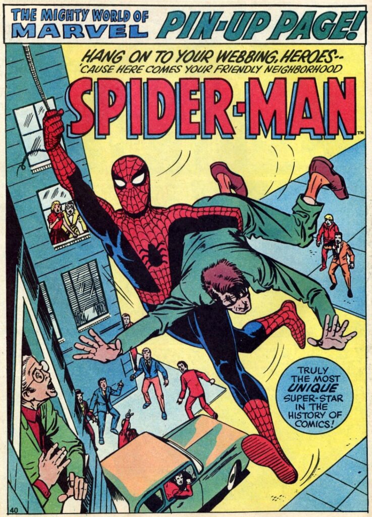 Mighty World of Marvel No.1 Spider-Man pin-up, art by Steve Ditko - his rejected cover design for Amazing Fantasy #15