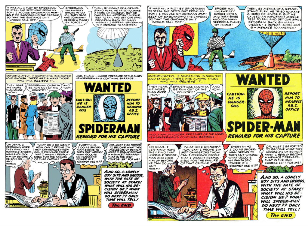 A side-by-side comparison reveals differences in colouring and some captioning between Marvel's Amazing Spider-Man Issue #1 (left) and the  reprint in MWOM Issue 3 (right).