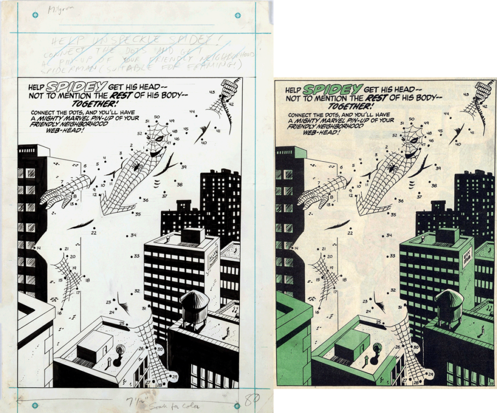 The original artwork and the published "Dot to Dot" challenge drawn by Al Migrom for MWOM No. 8, page side-by-side