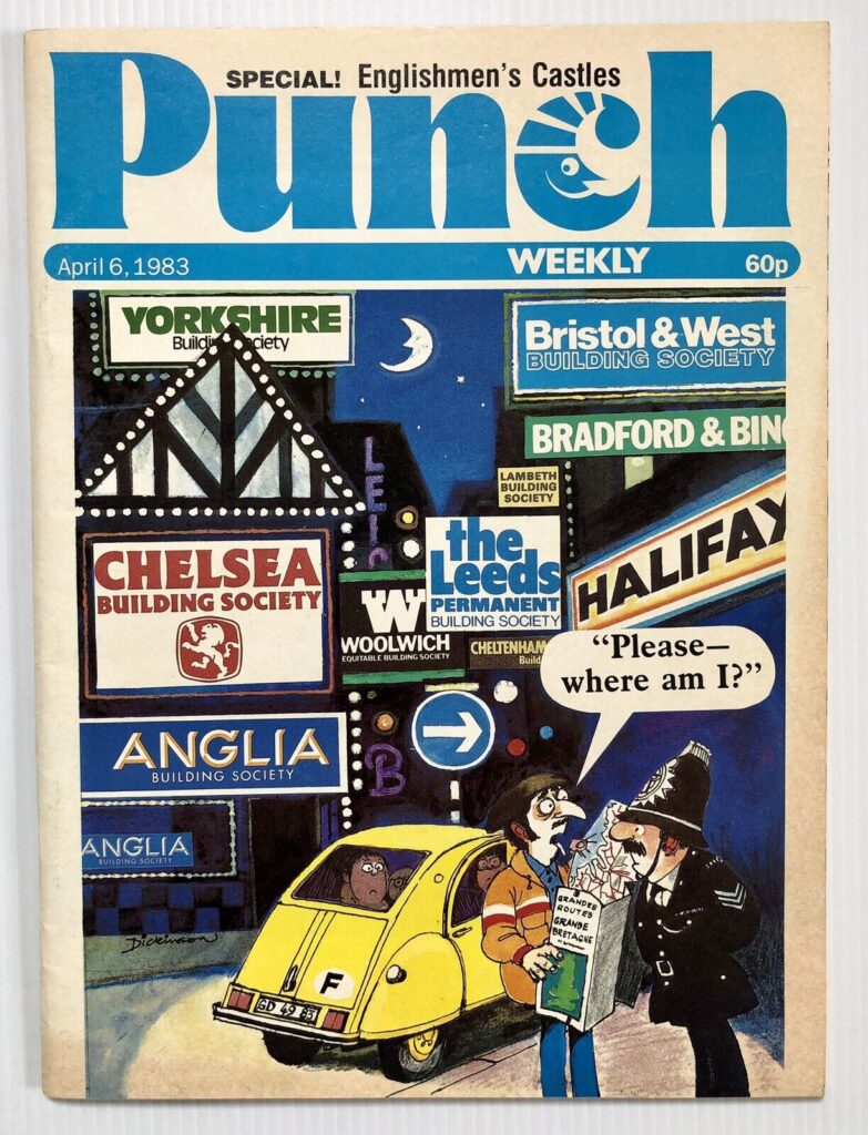 A 1983 cover for Punch magazine by Geoffrey Dickinson, offered with original overlay front page/cover still attached