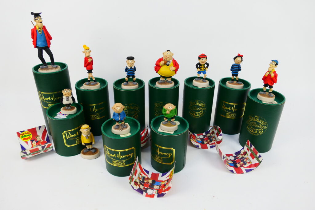 Robert Harrop boxed figures from The Beano Dandy Collection depicting Bash Street Kids characters, including Teach, Danny, Fatty, Plug, Toots, Wilfrid and other, all boxed except Smiffy