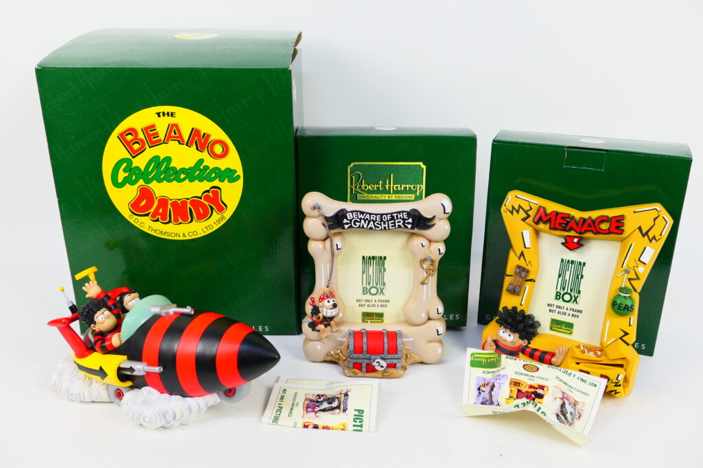 Three boxed figures / items from the Robert Harrop  Beano Dandy Collection comprising the Menacemobile and Dennis The Menace Picture Box and Gnasher Picture Box
