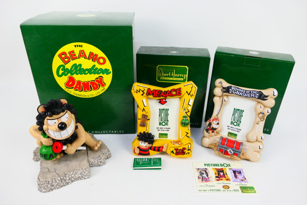 Three boxed figures / items from the Robert Harrop Beano Dandy Collection comprising the Gnasher and Dennis The Menace Picture Box and Gnasher Picture Box