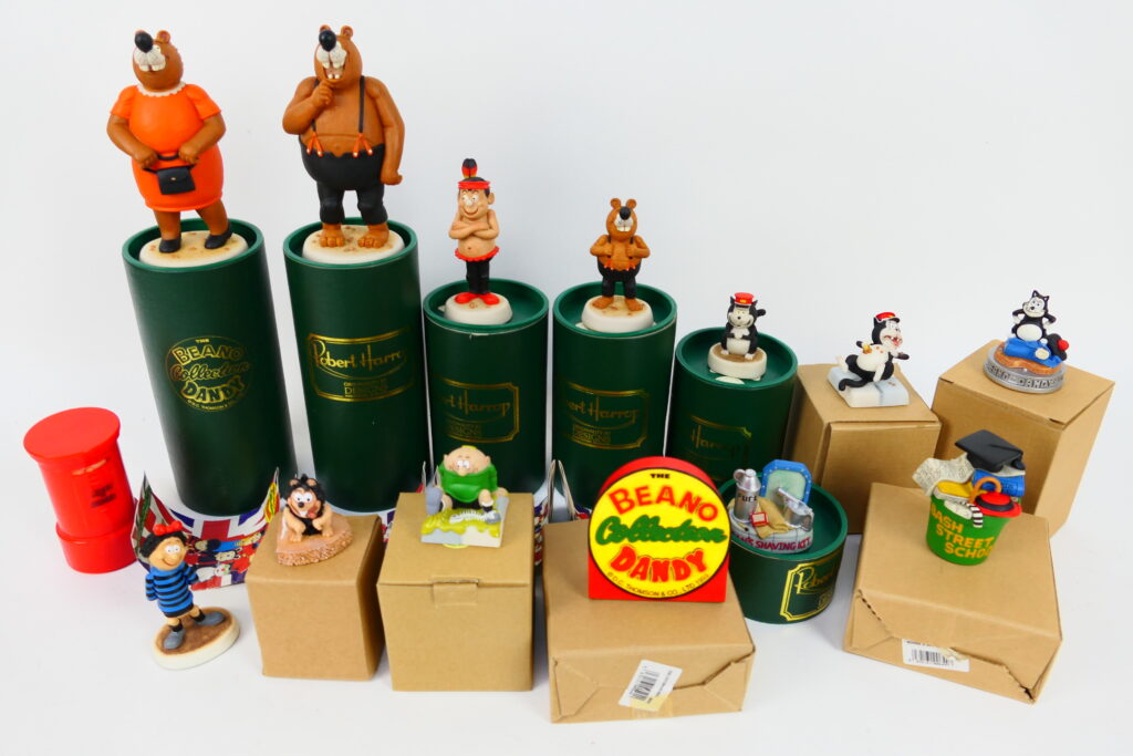 A collection of boxed Robert Harrop Beano Dandy Collection figures and groups including  Pa Bear, Ma Bear and Junior, Winston, Little Plum, a Collectors Plaque,  "School's Out" and similar