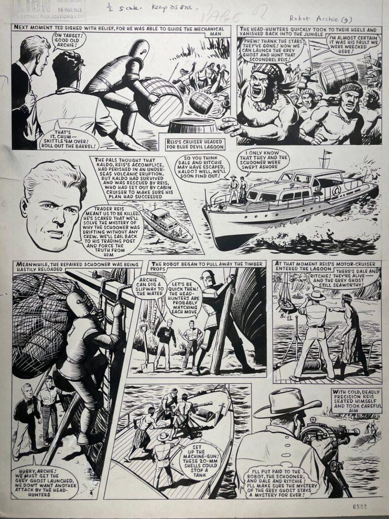 A page of "Robot Archie - The Grey Ghost", which first appeared in the issue of Lion cover dated 16th March 1963 - art by Ted Kearon