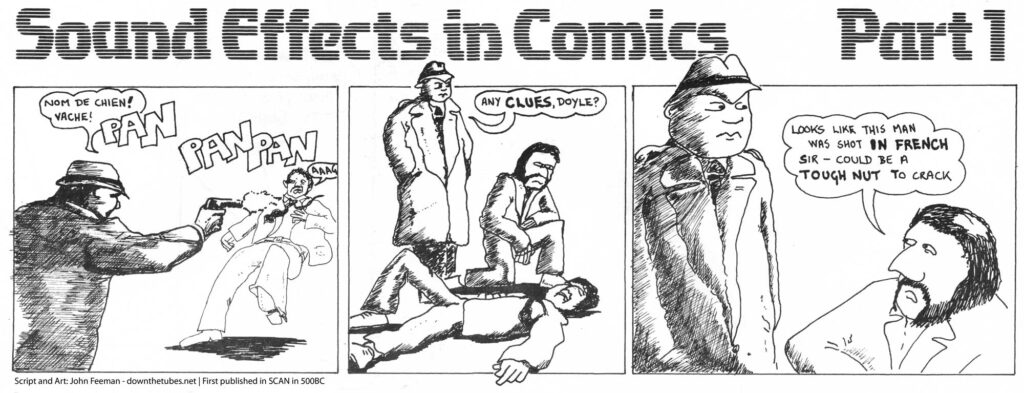 Sound Effects in Comics - cartoon by John Freeman, first published in the fanzine, SCAN, in the 1980s