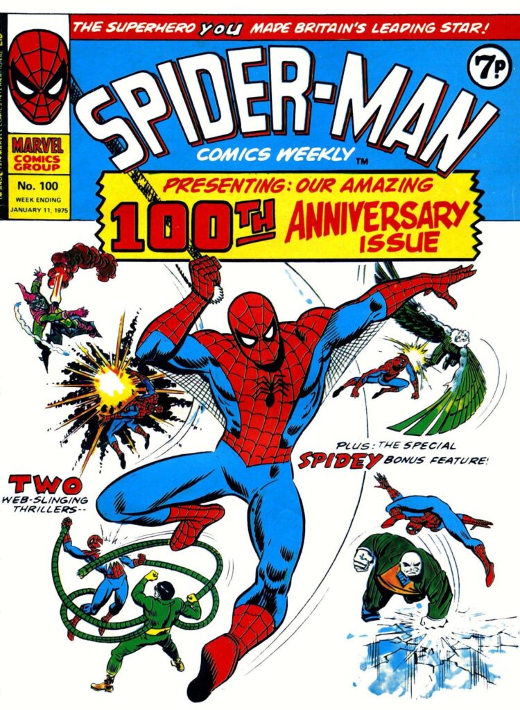 Spider-Man Comics Weekly #100, published in January 1975, cover dated. 11th January 1975, original cover by John Romita Sr.