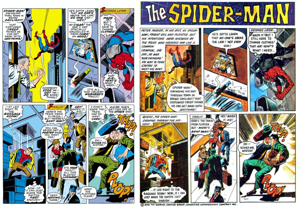 This side-by-side comparison shows how much the colouring of the UK reprint of Spider-Man in TV21 (right) differed from the US original (left)
