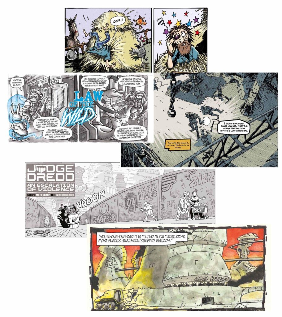 “Fergus the “Ulsterman” by Sam Poots and Rob Anthony. “Ed Whiting give Sara Dunkerton a perfect vehicle for her amazing anthropomorphics,” says editor Peter Duncan. “Mark McCann and Lukask with a strip that needed as much space as possible. ‘An Escalation of Violence’, a strip intended for Zarjaz, we are proud to present it here and to say thank you to Bolt-01. Scott Twells, in colour, as he always will be in our pages if I have anything to do with it.”