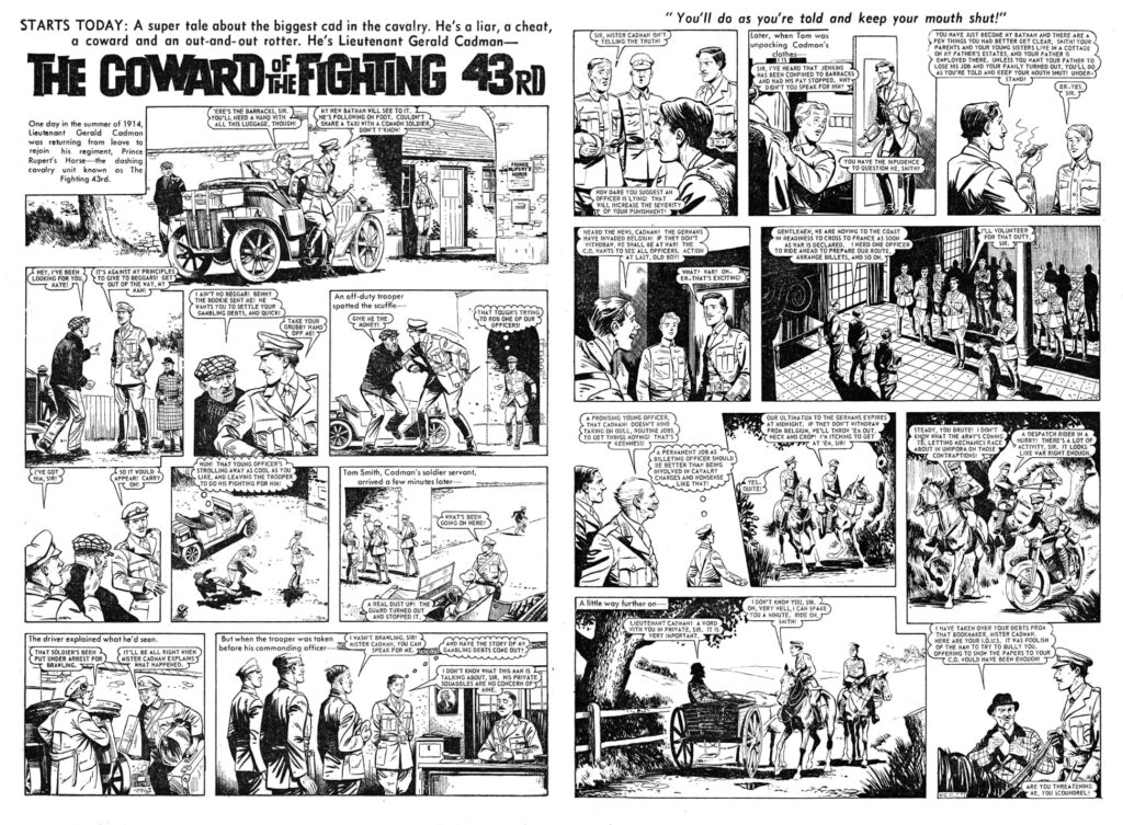 The opening pages of Cowardly Cadman's first appearance in The Victor, in No. 625, cover dated 10th February 1973