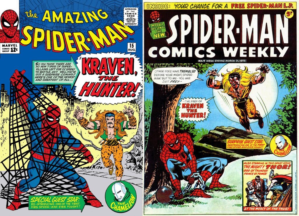 Side-by-side comparison of the US cover of The Amazing Spider-Man Issue 15 (left) and the reprint in Spider-Man Comics Weekly No. 7 (right). The UK cover featured all new artwork by Al Milgrom, Jim Starlin and Frank Giacoia