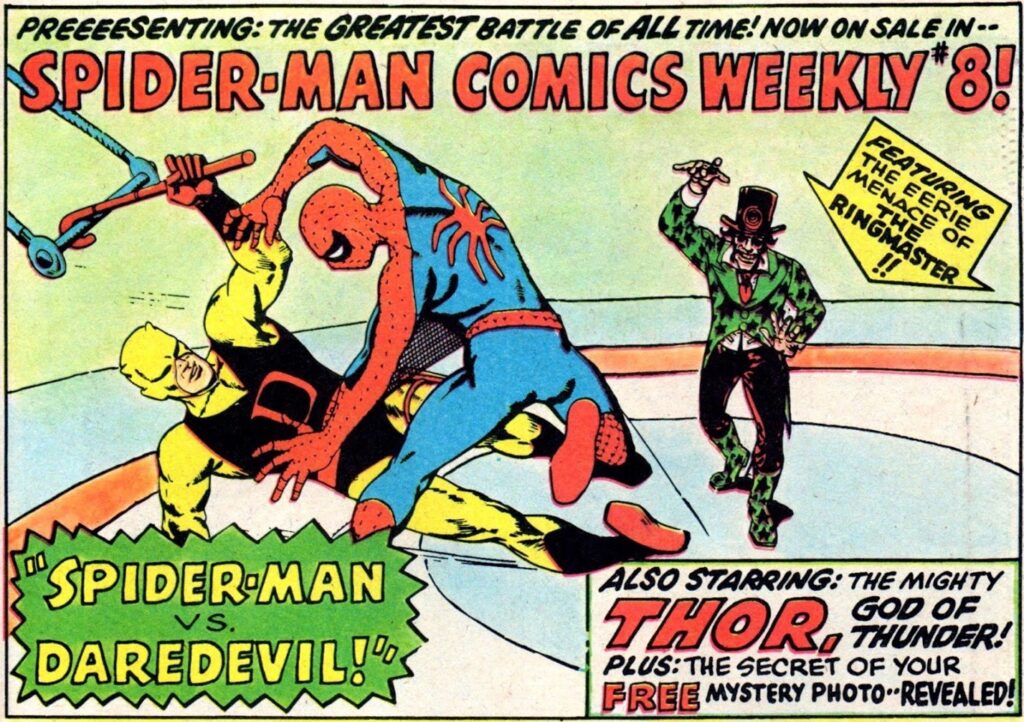 This ad for Spider-Man Comics Weekly No. 8 appeared in the Mighty World of Marvel. It used an adapted version of Steve Ditko’s cover art for The Amazing Spider-Man Issue 16