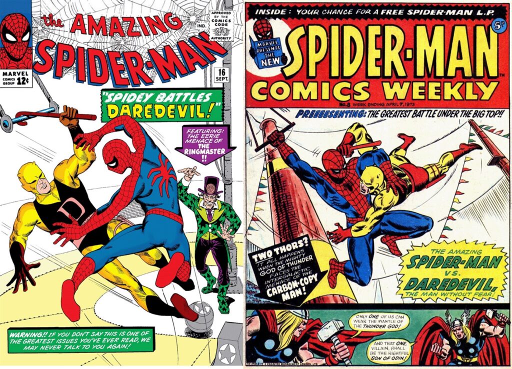 Side-by-side comparison of the US cover of The Amazing Spider-Man Issue 16 (left) and the reprint in Spider-Man Comics Weekly No. 8 (right). The UK cover featured all new artwork