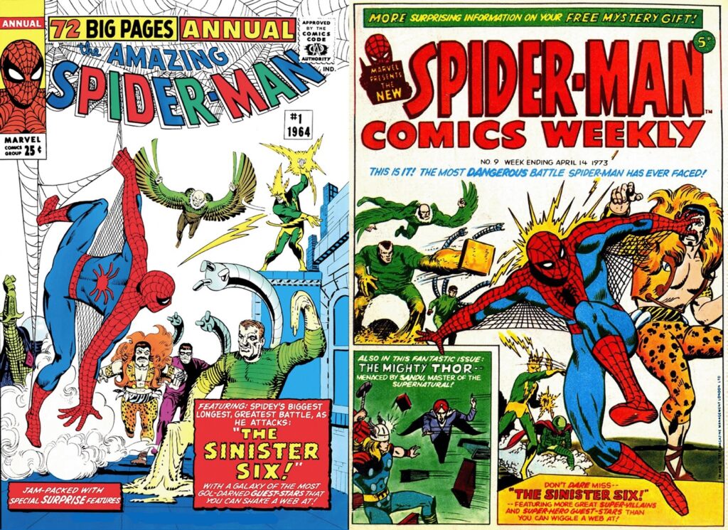 Side-by-side comparison of the US cover of The Amazing Spider-Man Annual 1 (left) and the first part of the reprint in Spider-Man Comics Weekly No. 9 (right). The UK cover featured all new artwork by Dick Ayers