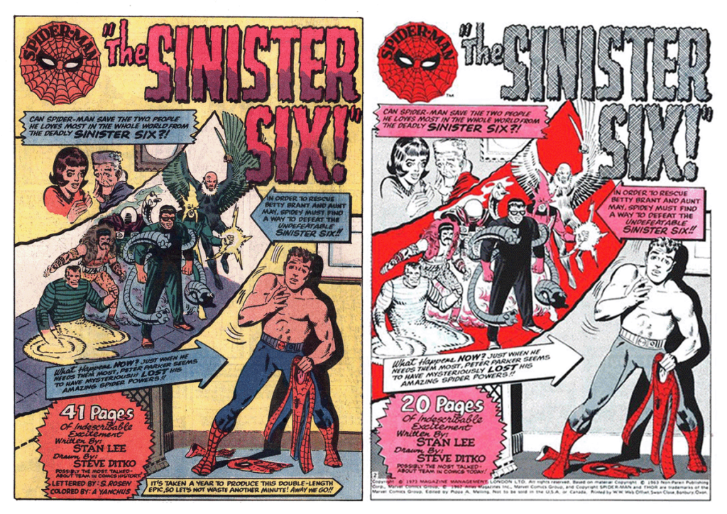 Side-by-side comparison showing the US full-colour splash page (left) and the UK printing in Spider-Man Weekly No. 9 (right), in black-and-white with red spot-colour added to the artwork. As the story was split across two issues, "41 Pages" was changed to '20 pages'