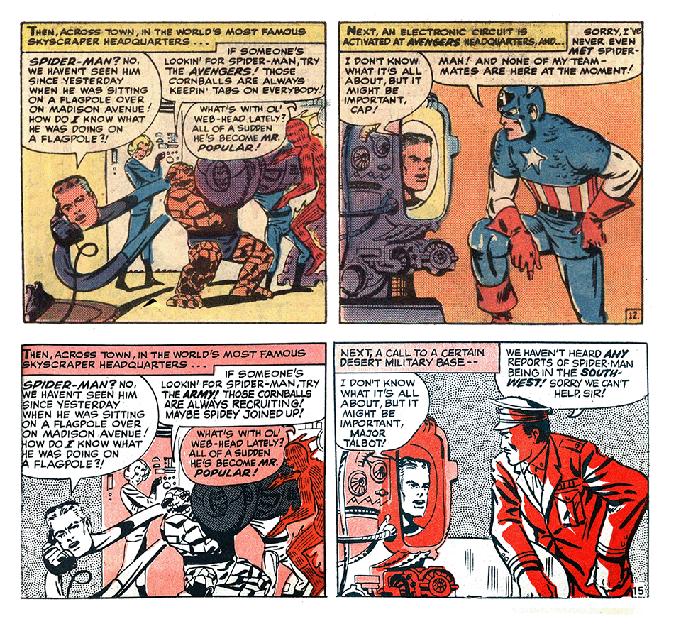 By the time Spider-Man Comics Weekly No. 9 was published, Captain America had not appeared in any Marvel UK publications, so he was substituted with Major Talbot, a supporting character readers would know from "The Incredible Hulk" strip in The Mighty World of Marvel