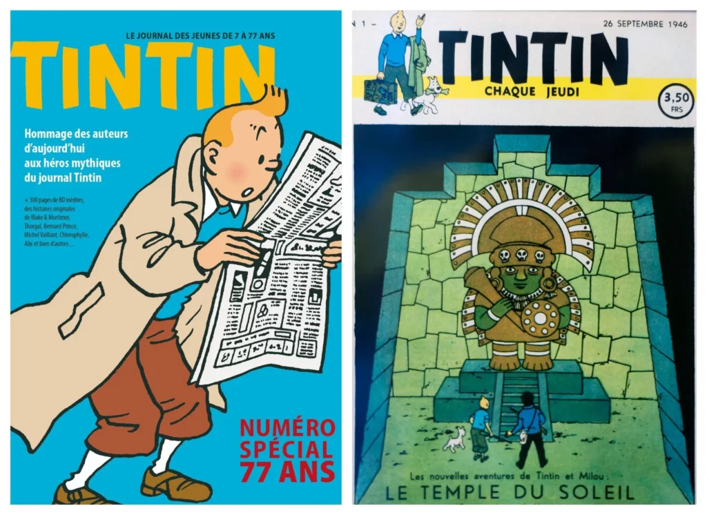 Side by side: Le Journal Tintin spécial 77 ans  (2023), and the first issue, published in 1946