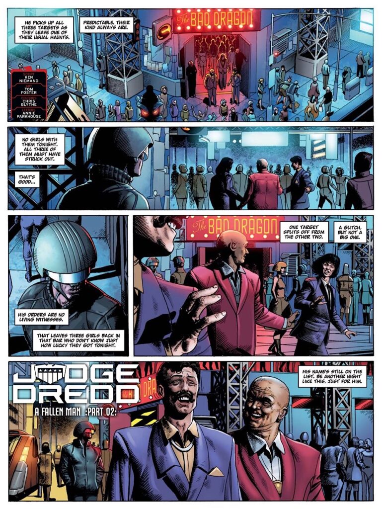 2000AD 2342 - “Judge Dredd: A Fallen Man”, written by Ken Niemand, with art by Tom Foster, coloured by Chris Blythe and letters by Annie Parkhouse