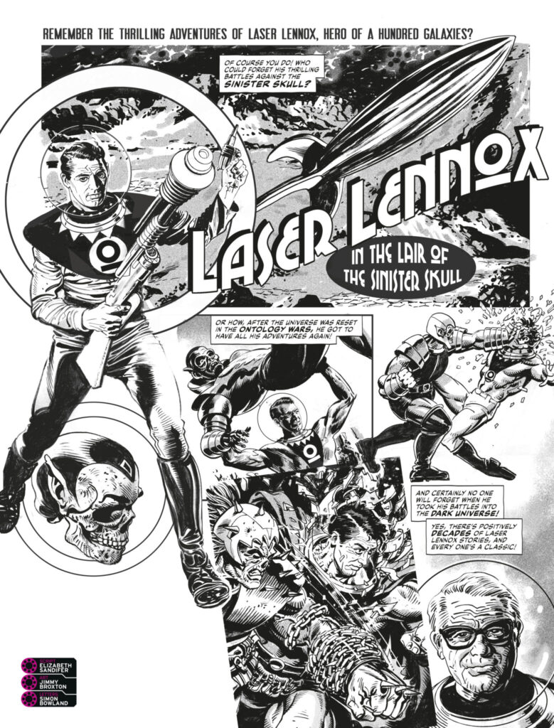 2000AD 2339 - “Laser Lennox in the Lair of the Sinister”, a “Tharg’s Future Shock” written by  Elizabeth Sandifer, art by Jimmy Broxton, lettered by Simon Bowland