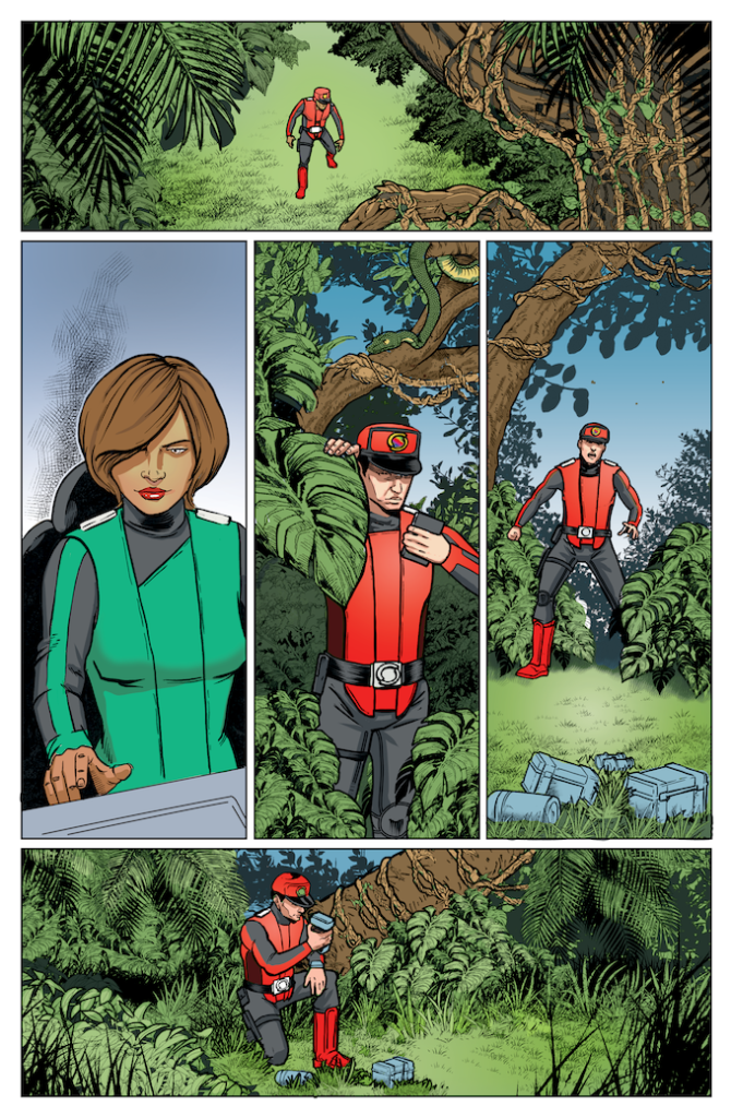 Time Bomb Comics SPECTRUM #2 - New Captain - New Captain Scarlet preview page: line art by Pete Woods and colour art by John Charles
Scarlet