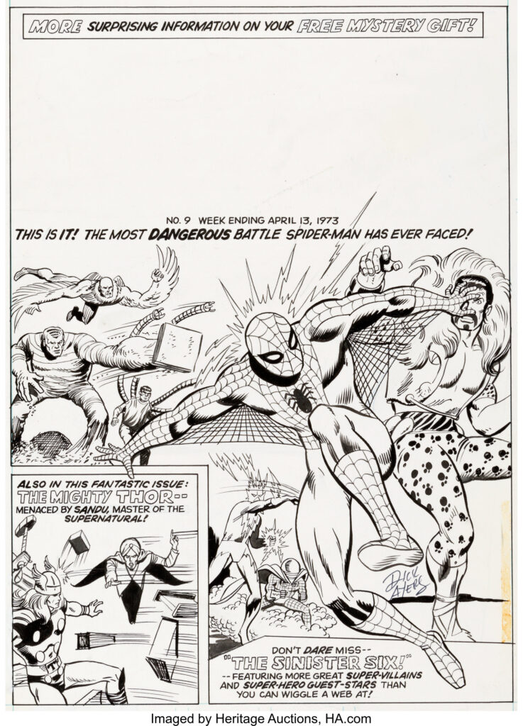 Dick Ayers’ original cover art for Spider-Man Comics Weekly No. 9 (1973), an issue recounting the tale from 1964's Amazing Spider-Man Annual #1, where Spidey first battles this grouping of his greatest foes! It features The Vulture, Sandman, Doc Ock, Electro, Mysterio, and Kraven the Hunter. Also cover featured is the story where Thor faced the mystic menace of "Sandu, Master of the Supernatural" from Journey Into Mystery #91. Ayers was one of Jack Kirby's inkers during the late-1950s and 1960s, including on some of the earliest issues of The Fantastic Four. Via Heritage Auctions