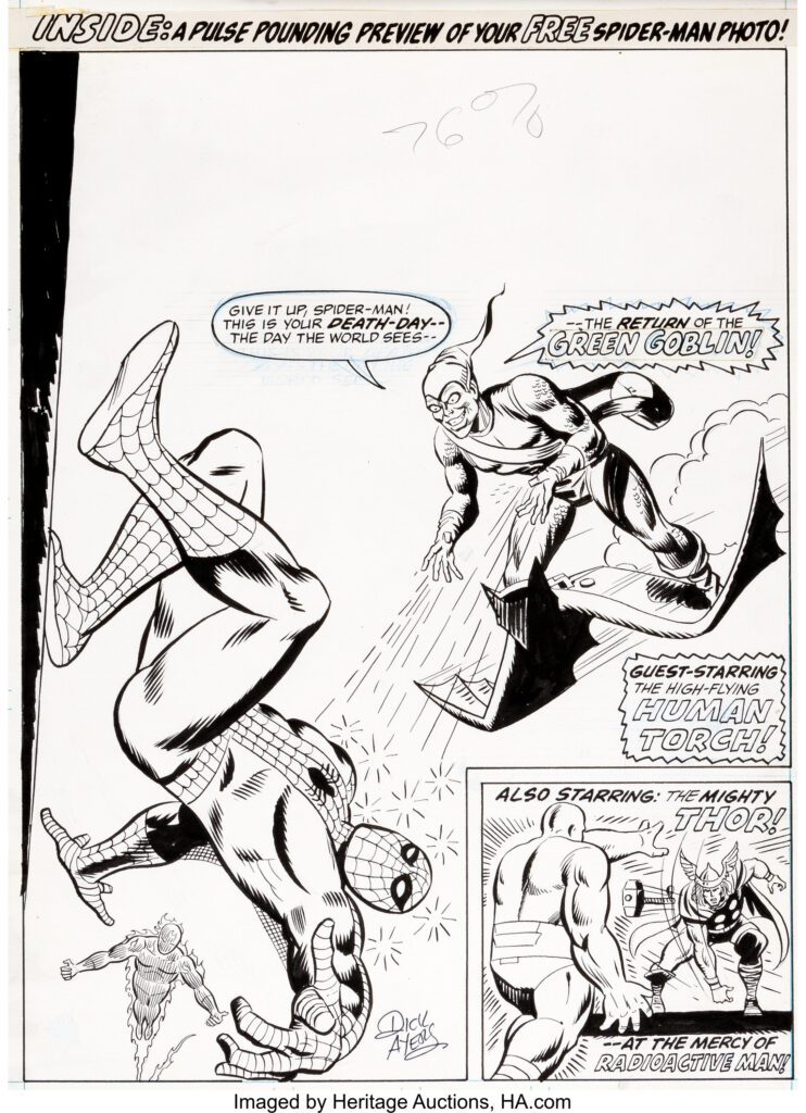 Dick Ayers' cover art for Spider-Man Comics Weekly No. 11, which included a reprint of Amazing Spider-Man #17 (and Journey Into Mystery #93, as the backup story). The cover is signed by Ayers in the image area and bottom margin. Produced in ink over graphite on very white Bristol board with an image area of 10" x 14". Via Heritage Auctions