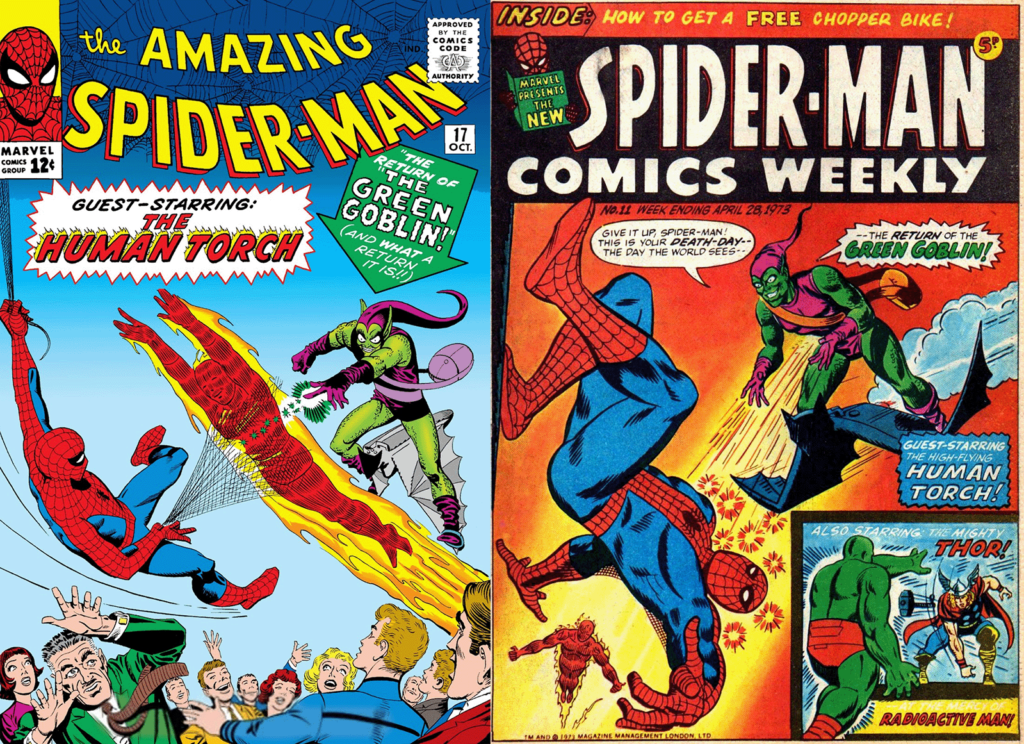 Side by Side: The covers of The Amazing Spider-Man #17, and Spider-Man-Comics Weekly No.11