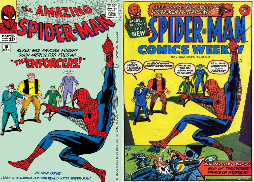Side-by-side comparison of the US cover of The Amazing Spider-Man Issue 10 (left) and the reprint in Spider-Man Comics Weekly No. 2 (right). The speech bubbles were added to the UK cover for dramatic impact. “We each have a deadly super power!”