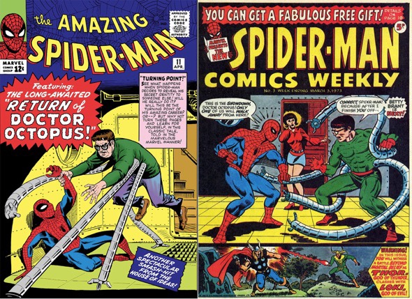 Side-by-side comparison of the US cover of The Amazing Spider-Man Issue 11 (left) and the reprint in Spider-Man Comics Weekly No. 3 (right). The UK cover featured all-new artwork by Jim Starlin