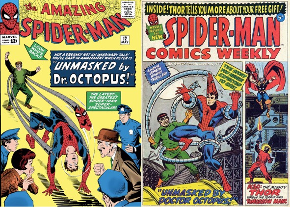 Side-by-side comparison of the US cover of The Amazing Spider-Man Issue 12 (left) and the reprint in Spider-Man Comics Weekly No. 4 (right). The UK cover featured all-new artwork from Jim Starlin