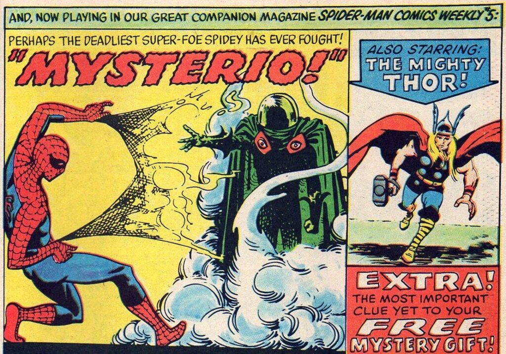 This ad for Spider-Man Comics Weekly No. 5 appeared in the Mighty World of Marvel. It teased "the most important clue yet to the FREE MYSTERY GIFT!"