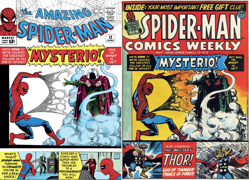 Side-by-side comparison of the US cover of The Amazing Spider-Man Issue 13 (left) and the reprint in Spider-Man Comics Weekly No. 5 (right). The UK cover used the original Steve Ditko artwork, but with bolder colours