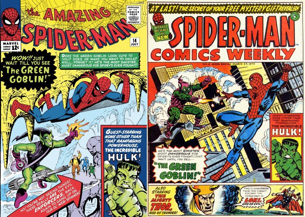 Side-by-side comparison of the US cover of The Amazing Spider-Man Issue 14 (left) and the reprint in Spider-Man Comics Weekly No. 6 (right). The UK cover featured all-new artwork