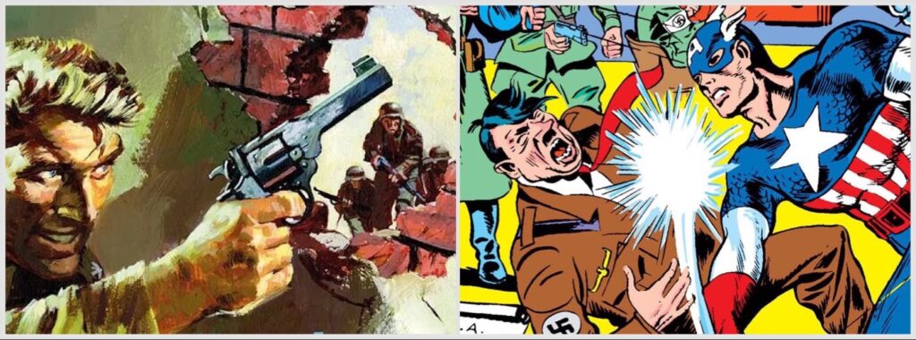 Detail from Commando No. 463, “Midnight Menace”, art by Jordi Bosch Penalva, and Captain America #1, art by Jack Kirby