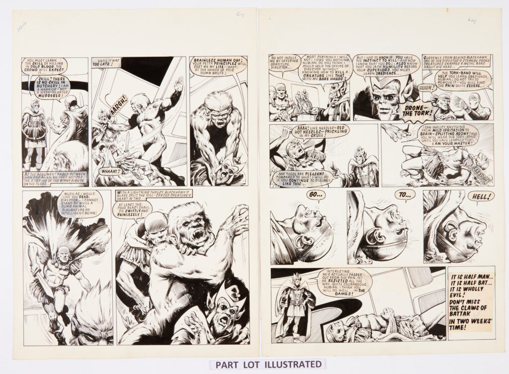 Blackhawk: 4 original artworks (1979) by Massimo Bellardinelli for 2000 AD Prog 128, pages 11-14. 'Blackhawk the Nubian finally defeats The Creature but is then immobilised by the brain-splitting agony of the Tork Band…' Black poster paint on card. 19 x 14 ins (x 4 artworks)