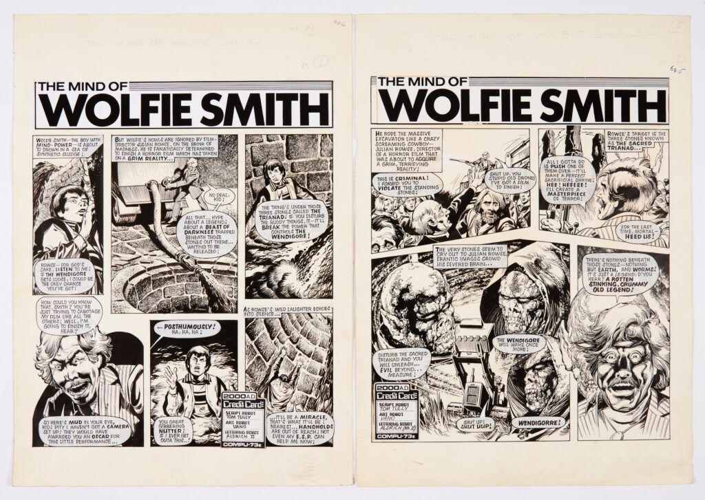 The Mind of Wolfie Smith: 2 consecutive original artworks (1979) by Eduardo Vano for 2000 AD Progs 141 & 142 (pg 22 each). 'Wolfie Smith - the boy with Mind Power, is about to drown in a sea of synthetic sludge as Julian Rowse rides the massive excavator like a crazy screaming cowboy - directing a horror film that was about to acquire a grim, terrifying reality!' Indian ink and poster paint on card. 20 x 14 ins (x 2 artworks)