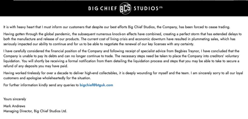 Big Chief Studios Closure Statement 2023