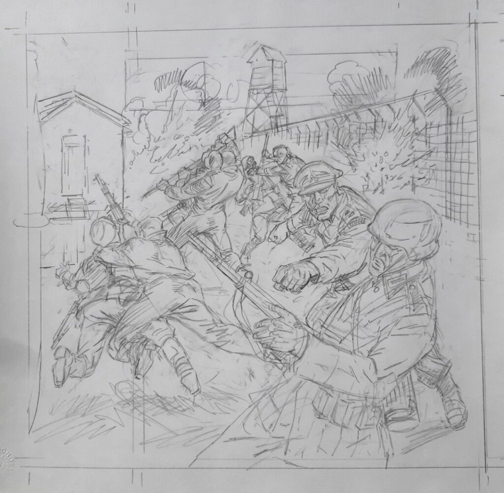 Manuel Benet's rough for the cover of Commando 5663, "Tooth and Nail"