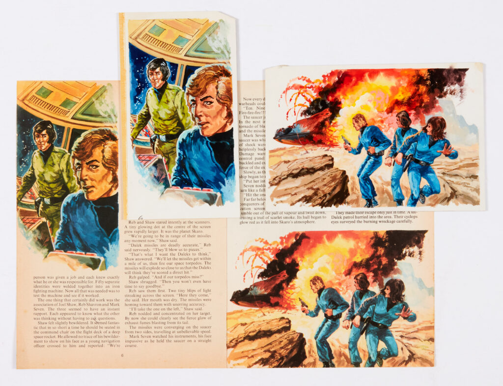 Dalek/Terror Task Force: 2 original colour artworks by Edgar Hodges for The Dalek Annual 1976 with original pages 6 & 7. Poster colour on board. 8 x 5 and 7½ x 4 ins (2 artworks)